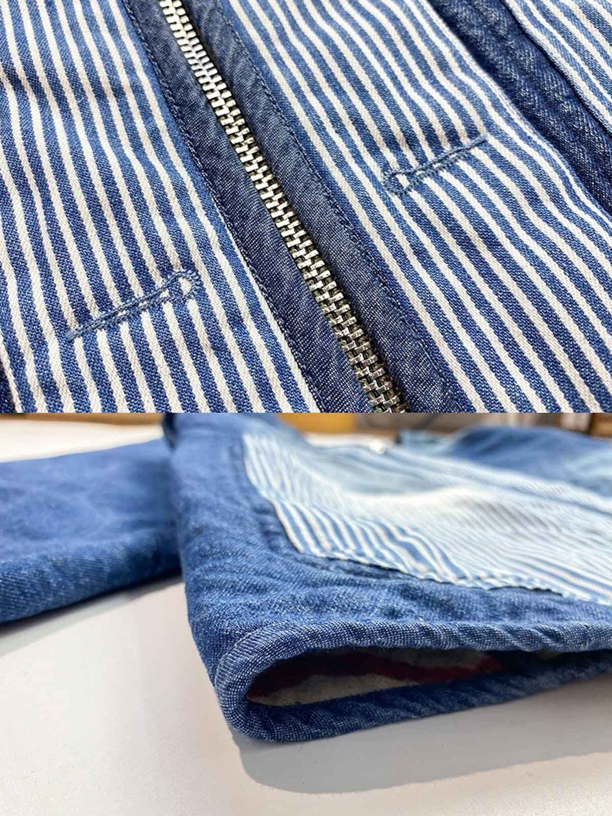 製品画像: ナバホ柄リバーシブルデニム×ウールミックスジャケット全体展示図。民族的なナバホ柄が施されたウールミックス素材とヴィンテージ感溢れるデニムが特徴的。
詳細画像: ナバホ柄のウール素材と100%コットンデニムのリバーシブルデザインディテール特写。両面を楽しめる機能的な美しさ。