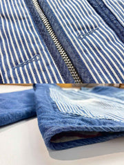 製品画像: ナバホ柄リバーシブルデニム×ウールミックスジャケット全体展示図。民族的なナバホ柄が施されたウールミックス素材とヴィンテージ感溢れるデニムが特徴的。
詳細画像: ナバホ柄のウール素材と100%コットンデニムのリバーシブルデザインディテール特写。両面を楽しめる機能的な美しさ。