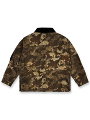 製品画像: チャイナアート『清明上河図』プリント カモフラージュ ワークジャケット全体展示図。伝統的なアートとカモフラージュデザインが融合したユニークなヴィンテージジャケット。
詳細画像: コーデュロイ襟元とYKK金属ジッパー、補強スナップボタンのディテール特写。耐久性と高級感を感じさせるディテール。