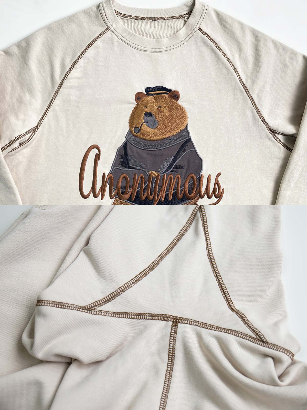 製品画像:
ヘビーウェイトヴィンテージ風「パイプクマ」刺繍スウェット全体画像。ウォッシュ加工でヴィンテージ感が際立つデザイン。
詳細画像:
「パイプクマ」刺繍とウォッシュ加工のディテールアップ。個性を引き出すデザインのクローズアップ。