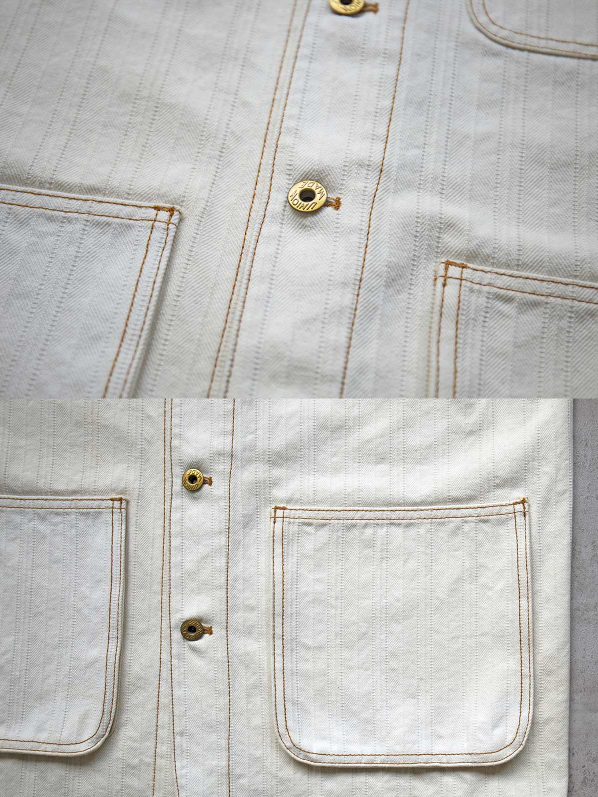 製品画像:
アイボリーヘリンボーン織りのワークジャケット全体画像。クラシックで高級感あるデザイン。
詳細画像:
コントラストステッチのディテール。精巧な縫製がジャケットの魅力を引き立てます。