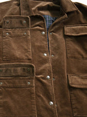 製品画像: コーデュロイ四つポケットジャケットの全体画像 | ヴィンテージワークジャケット
詳細画像: コーデュロイ生地のディテールと四つポケットデザイン | 100%コットン素材