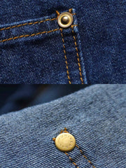 製品画像:
アメカジ風金属スタッズデニムシャツ全体展示。高品質なデニム生地を使用し、ヴィンテージ感のあるデザインで、アメリカンカジュアルスタイルを表現。
詳細画像:
胸部の金属スタッズ付きダブルポケットと立体裁断のディテール。スタッズと立体裁断が、視覚的な層感と耐久性を引き立てます。