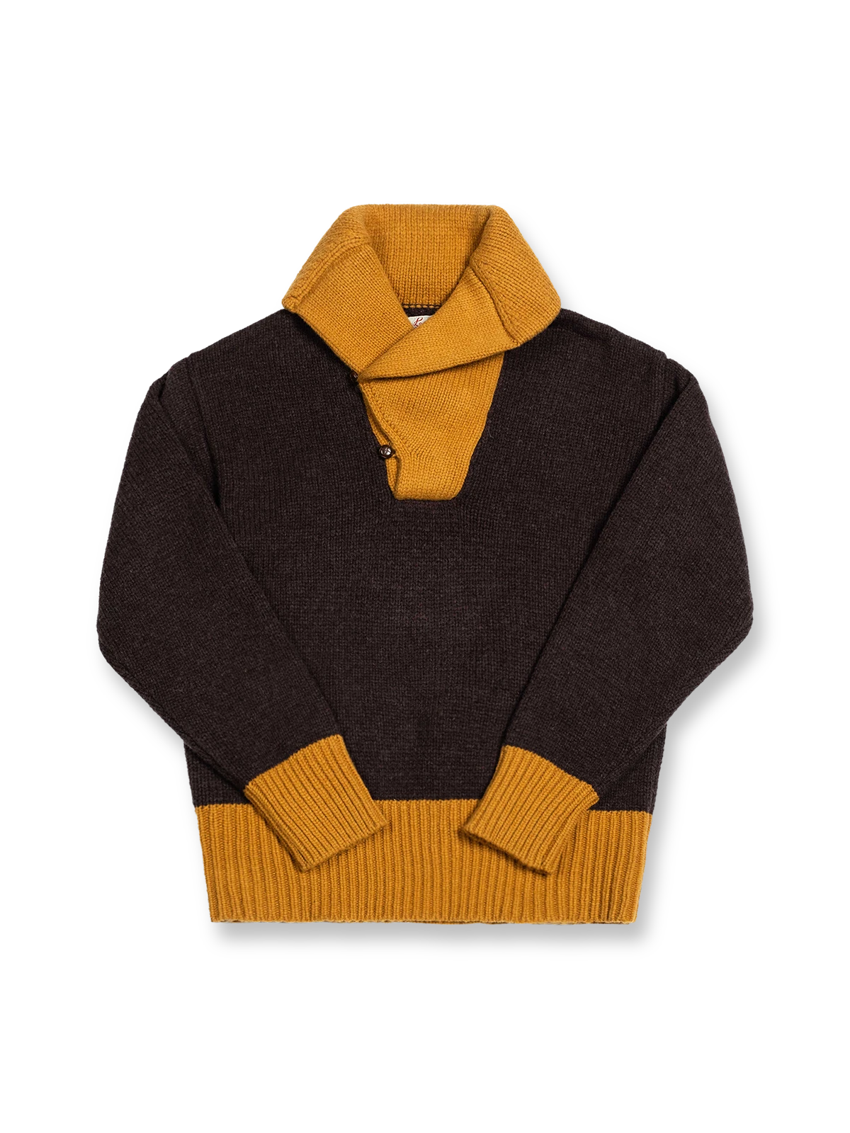 製品画像: ビッグカラー配色ウールセーター全体画像(秋冬カレッジスタイル)
詳細画像: セーターのビッグカラーと配色ディテール(オーストラリア産ピュアウール使用)