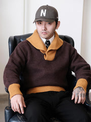 詳細画像: セーターのビッグカラーと配色ディテール(オーストラリア産ピュアウール使用)
モデル画像: ビッグカラー配色セーターの着用イメージ(クラシックアメカジスタイル)