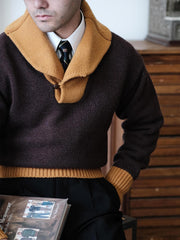 詳細画像: セーターのビッグカラーと配色ディテール(オーストラリア産ピュアウール使用)
モデル画像: ビッグカラー配色セーターの着用イメージ(クラシックアメカジスタイル)