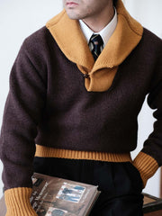 詳細画像: セーターのビッグカラーと配色ディテール(オーストラリア産ピュアウール使用)
モデル画像: ビッグカラー配色セーターの着用イメージ(クラシックアメカジスタイル)