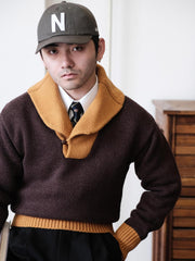 詳細画像: セーターのビッグカラーと配色ディテール(オーストラリア産ピュアウール使用)
モデル画像: ビッグカラー配色セーターの着用イメージ(クラシックアメカジスタイル)