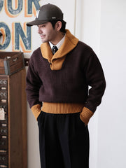 詳細画像: セーターのビッグカラーと配色ディテール(オーストラリア産ピュアウール使用)
モデル画像: ビッグカラー配色セーターの着用イメージ(クラシックアメカジスタイル)