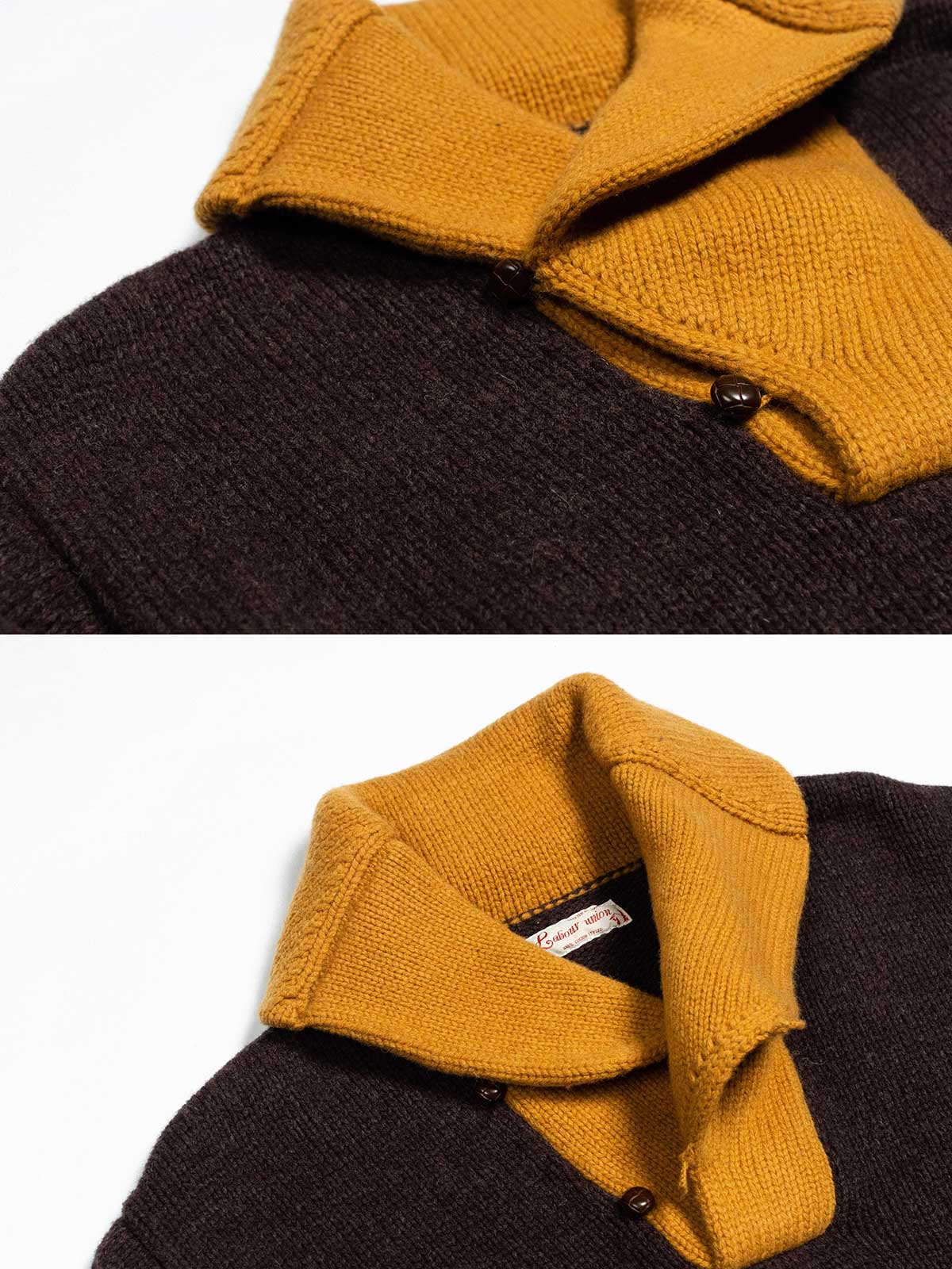 製品画像: ビッグカラー配色ウールセーター全体画像(秋冬カレッジスタイル)
詳細画像: セーターのビッグカラーと配色ディテール(オーストラリア産ピュアウール使用)