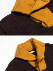 製品画像: ビッグカラー配色ウールセーター全体画像(秋冬カレッジスタイル)
詳細画像: セーターのビッグカラーと配色ディテール(オーストラリア産ピュアウール使用)