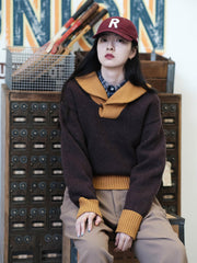 詳細画像: セーターのビッグカラーと配色ディテール(オーストラリア産ピュアウール使用)
モデル画像: ビッグカラー配色セーターの着用イメージ(クラシックアメカジスタイル)