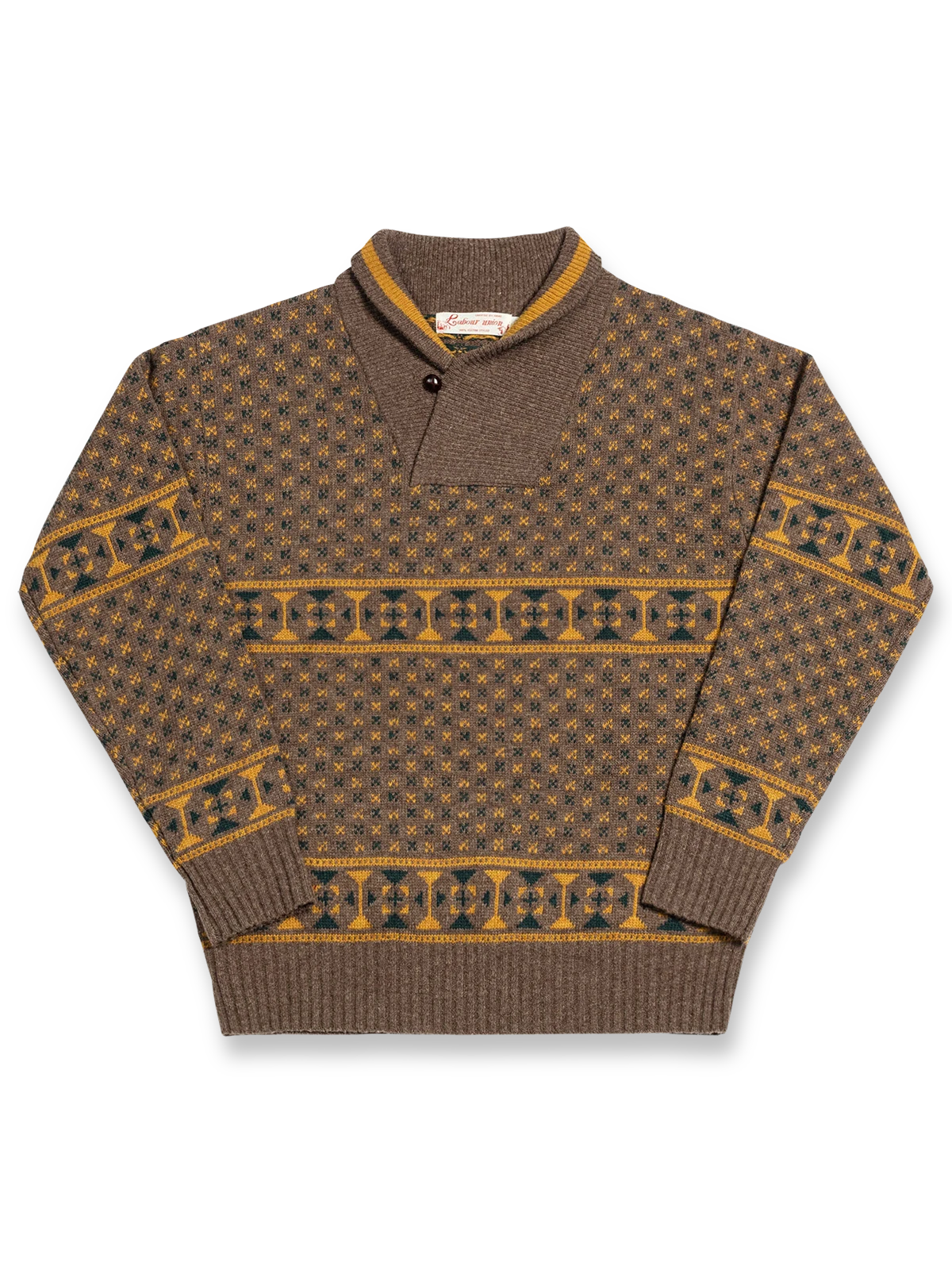 製品画像: ヴィンテージショールカラージャカードウールセーター全体画像、秋冬向け暖かいセーター、クラシックデザイン、ウール素材
詳細画像: ショールカラーとジャカードディテール、ヴィンテージ風デザイン、ウール100%、秋冬セーター