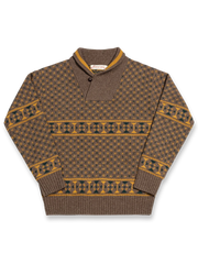 製品画像: ヴィンテージショールカラージャカードウールセーター全体画像、秋冬向け暖かいセーター、クラシックデザイン、ウール素材
詳細画像: ショールカラーとジャカードディテール、ヴィンテージ風デザイン、ウール100%、秋冬セーター