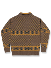 製品画像: ヴィンテージショールカラージャカードウールセーター全体画像、秋冬向け暖かいセーター、クラシックデザイン、ウール素材
詳細画像: ショールカラーとジャカードディテール、ヴィンテージ風デザイン、ウール100%、秋冬セーター