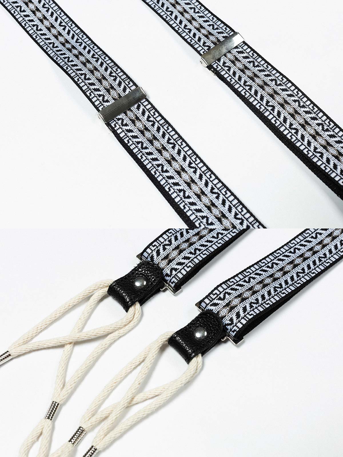 製品画像:
ヴィンテージジャカードH型X型サスペンダー全体画像 - 1930年代スタイルのサスペンダー、ジャカードデザインとコットンコードのディテールを強調した高級感あるアイテム。
詳細画像:
サスペンダーのジャカードディテールとコットンコードの特写 - ヴィンテージジャカード生地と手作りコットンコードのデザイン、1930年代クラシックサスペンダーの特徴を詳しく見せた画像。