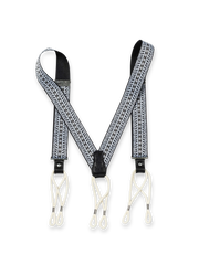 製品画像:
ヴィンテージジャカードH型X型サスペンダー全体画像 - 1930年代スタイルのサスペンダー、ジャカードデザインとコットンコードのディテールを強調した高級感あるアイテム。
詳細画像:
サスペンダーのジャカードディテールとコットンコードの特写 - ヴィンテージジャカード生地と手作りコットンコードのデザイン、1930年代クラシックサスペンダーの特徴を詳しく見せた画像。
