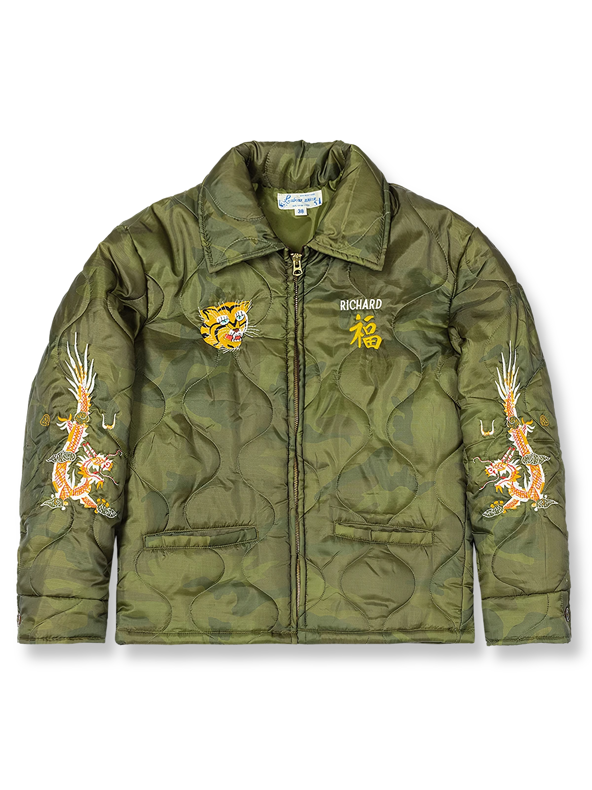 製品画像: クラシックな「竜と虎」刺繍入りコットンライナージャケット全体画像
詳細画像: 袖部分の「竜と虎」刺繍ディテール