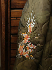 製品画像: クラシックな「竜と虎」刺繍入りコットンライナージャケット全体画像
詳細画像: 袖部分の「竜と虎」刺繍ディテール