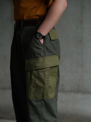 詳細画像: ワークパンツの大きなパネルポケットとドローストリングのディテール
モデル画像: ワークパンツの着用イメージ、日常使いに最適なカジュアルスタイル