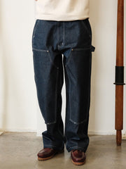 詳細画像: 14ozセルビッジデニムとリベットステッチのディテールが強調された画像
モデル画像: 赤耳ナローフィットワークデニムパンツを着用したモデルの全身画像、ヴィンテージワークスタイルを再現