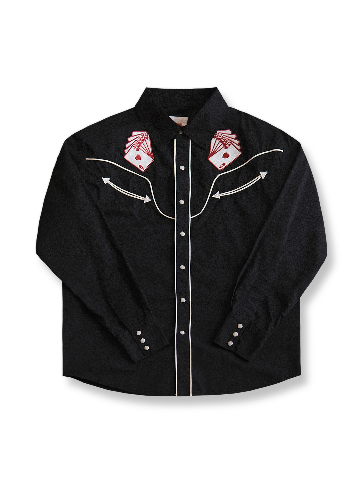 製品画像: 19世紀風のヴィンテージウエスタン刺繍長袖シャツの正面画像。鮮やかな刺繍が際立つデザイン
詳細画像: 肩部と胸部に施された精巧な刺繍デザインが見える画像