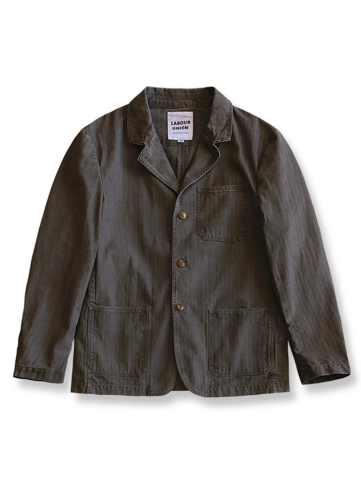 製品画像: ヴィンテージヘリンボーンウォッシュジャケットの全体画像、独特な時代感を持つデザイン
詳細画像: ウォッシュ加工されたヘリンボーン柄の生地とヴィンテージメタルボタンのディテール