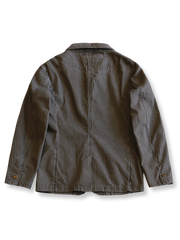 製品画像: ヴィンテージヘリンボーンウォッシュジャケットの全体画像、独特な時代感を持つデザイン
詳細画像: ウォッシュ加工されたヘリンボーン柄の生地とヴィンテージメタルボタンのディテール