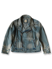 製品画像: ヴィンテージ加工バイカースタイルのデニムジップジャケットの正面画像。タフでスタイリッシュなデザインが際立つ
詳細画像: ジャケットのYKKヴィンテージジッパーとバイカースタイルの襟ディテールが分かる画像