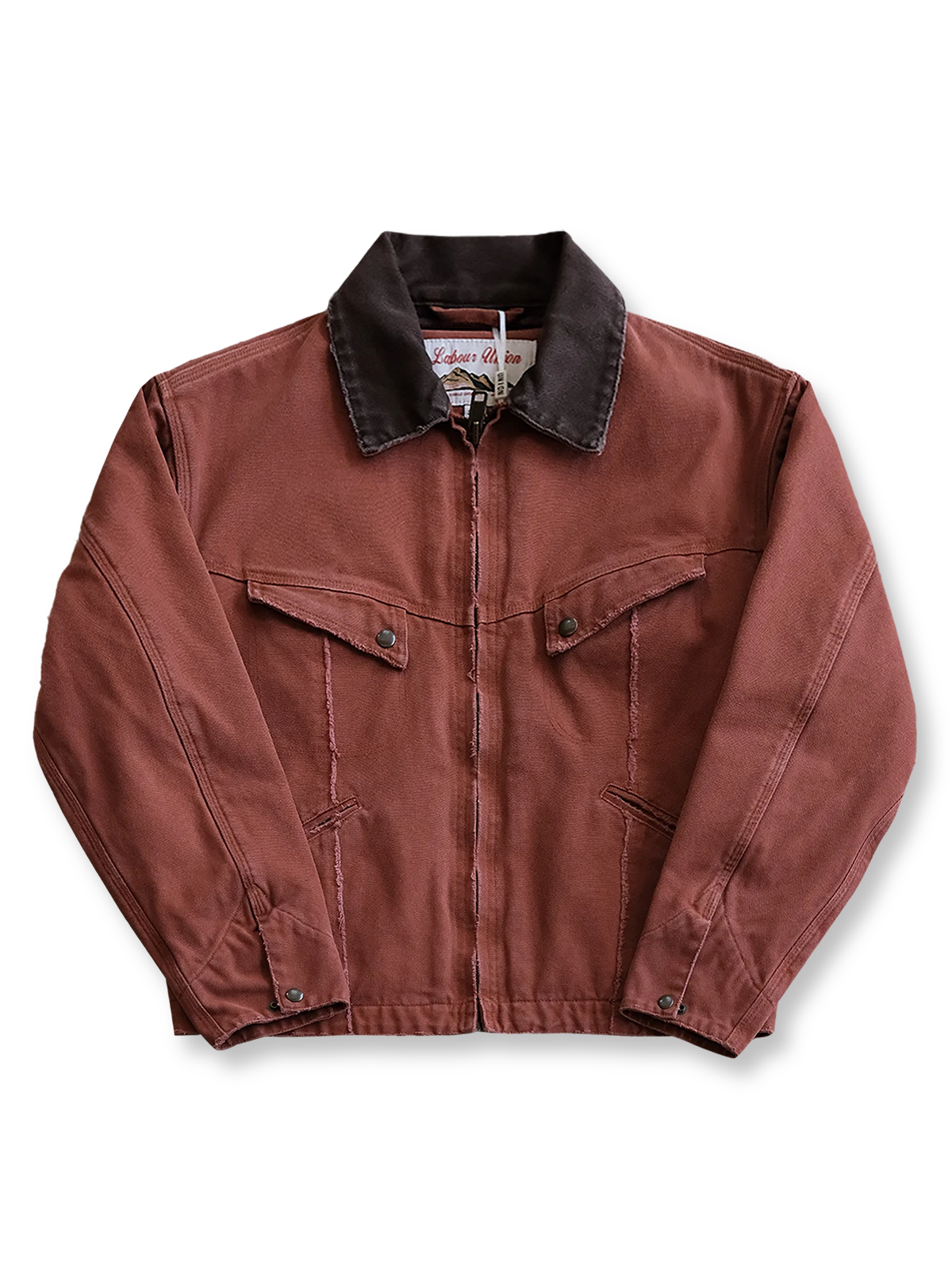 製品画像:
ヴィンテージダメージ加工パッチワークキャンバスジャケット全体展示。高密度の15oz定織キャンバス素材と日本製の厚手ウール裏地が、ヴィンテージ感とタフさを引き立てたジャケットの全体像。
詳細画像:
TALONジッパー、スナップボタン、及び水洗い加工のディテール。手作業での擦り加工とソルトフライが施されたディテールにより、ジャケットにユニークなヴィンテージ感を与えています。