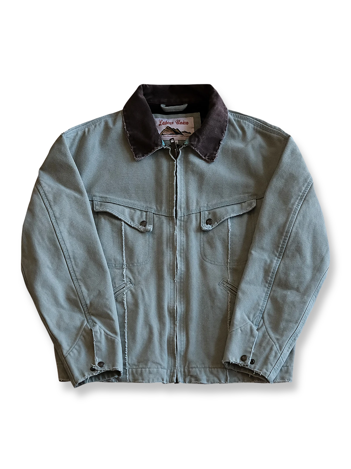 製品画像:
リバイバルダメージパッチワークキャンバスジャケット全体展示。15ozの定織キャンバスと日本製厚ウール裏地を使用し、ヴィンテージスタイルを引き立てるタフなキャンバスジャケットの全体像。
詳細画像:
TALONジッパー、スナップボタン、及び水洗い加工のディテール。多重水洗い加工と手作業のダメージ加工が施された、ヴィンテージ感が強調されたディテール。