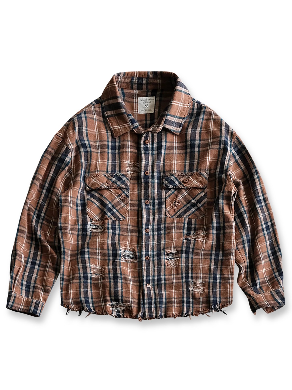 製品画像:
ウォッシュドダメージチェック柄長袖シャツ全体展示。高品質な純コットン生地と酵素洗い加工による自然なヴィンテージ感が引き立てられたチェック柄シャツの全体像。
詳細画像:
ダメージ加工とチェック柄のディテール。手作業で施されたダメージデザインと、チェック柄のテクスチャーが際立つディテール。