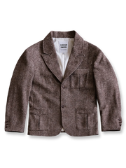 製品画像:
リバイバルカラードットウールツイードスーツジャケット全体展示。530gウールツイード生地とカラードットデザインで、1930年代のクラシックスタイルを現代的に再現したスーツジャケットの全体像。
詳細画像:
ツイード模様とカラードットデザインのディテール。リバイバル感を強調するために精緻なテクスチャーとカスタムボタンが施されたディテール。