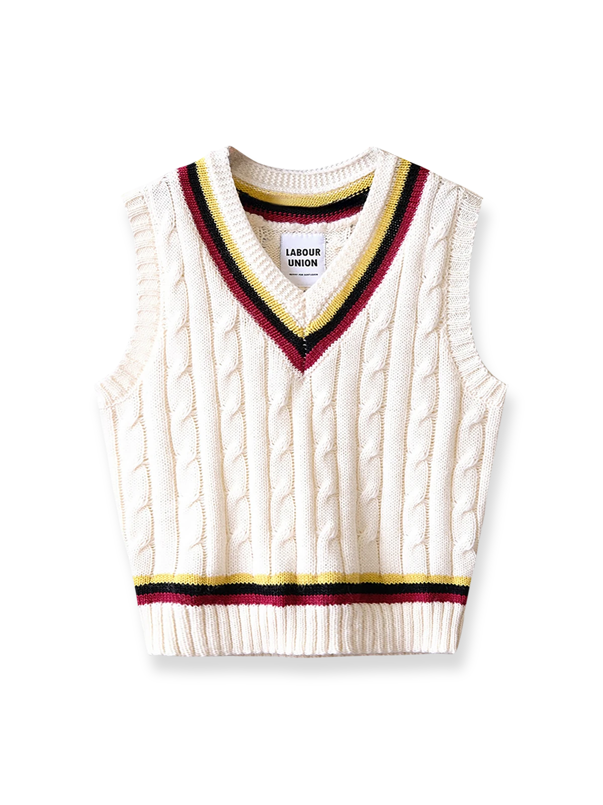 製品画像:
アカデミックスタイルVネック クリケットニットベストの全体展示。クラシックなツイスト編みとストライプデザインが特徴的な、100%ウール素材を使用したVネックデザインのニットベスト。
詳細画像:
ツイスト編みの編み目とカラーコンビネーションストライプのディテール。Vネックとストライプデザインが加える視覚的なレイヤード感を強調した画像。