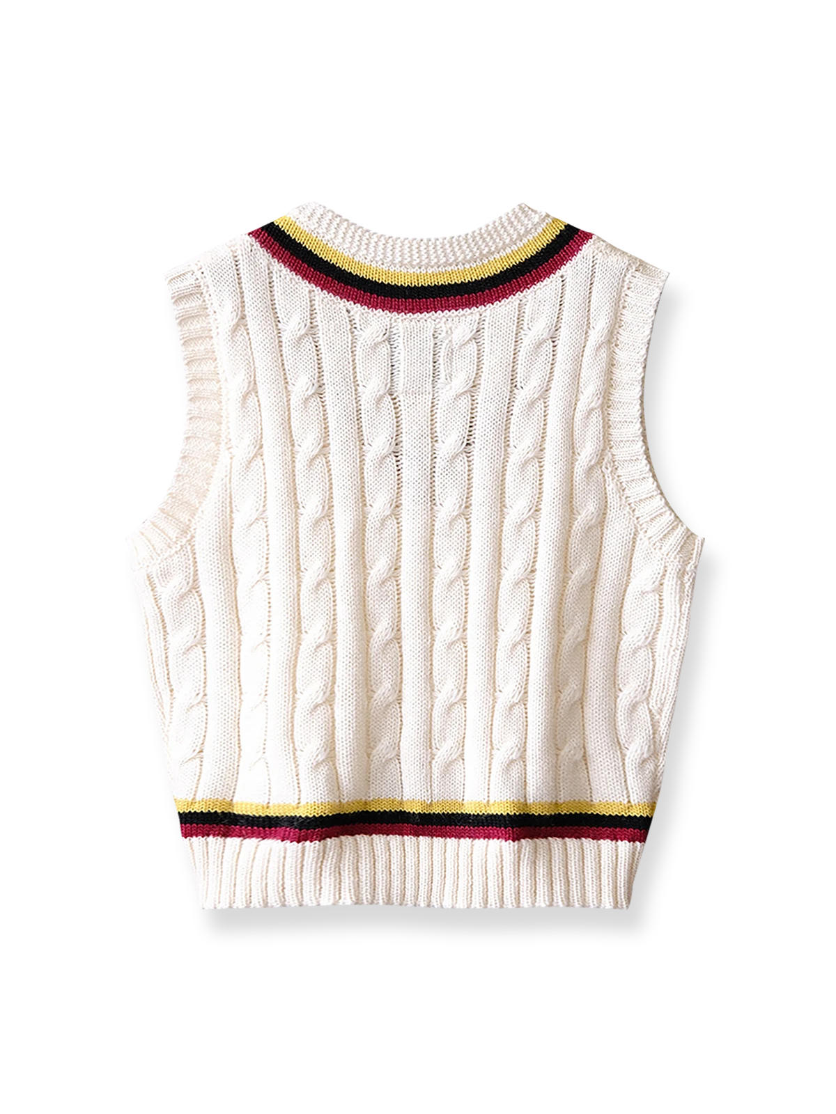 製品画像:
アカデミックスタイルVネック クリケットニットベストの全体展示。クラシックなツイスト編みとストライプデザインが特徴的な、100%ウール素材を使用したVネックデザインのニットベスト。
詳細画像:
ツイスト編みの編み目とカラーコンビネーションストライプのディテール。Vネックとストライプデザインが加える視覚的なレイヤード感を強調した画像。