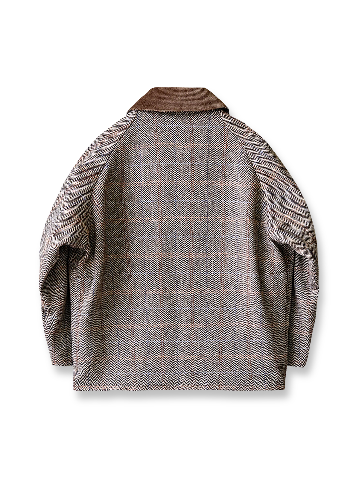 製品画像:
ヴィンテージウールハンティングジャケット全体展示。クラシックなハンティングスタイルを基に、ウールツイード素材とコーデュロイ襟を採用した、ヴィンテージ感と実用性を兼ね備えたジャケットの全体像。
詳細画像:
コーデュロイ襟とフラップポケットのディテール。補強ステッチやフィッシュボーンパターンのコットンライニングなど、耐久性と快適性を強調したディテール画像。