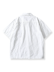 ストライプジャカード リネン キューバカラー半袖シャツ