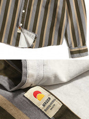 レトロ配色ストライプコットン長袖シャツ