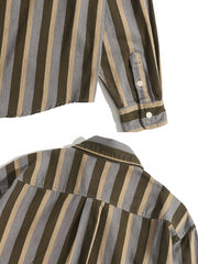 レトロ配色ストライプコットン長袖シャツ