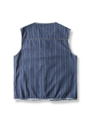 製品画像: ヴィンテージストライプパッチポケット付きデニムワークベストの正面全体展示、クラシックなワークスタイルを強調。