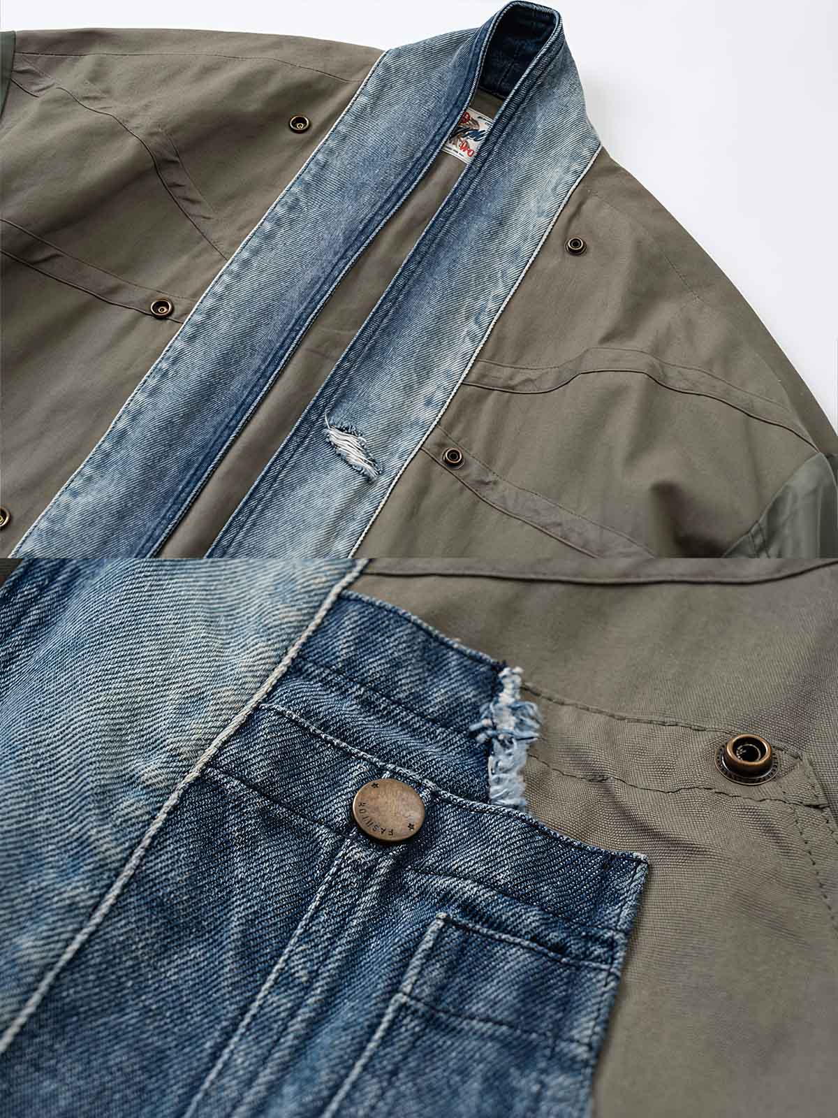 詳細画像: パッチワークとポケットディテールのクローズアップ