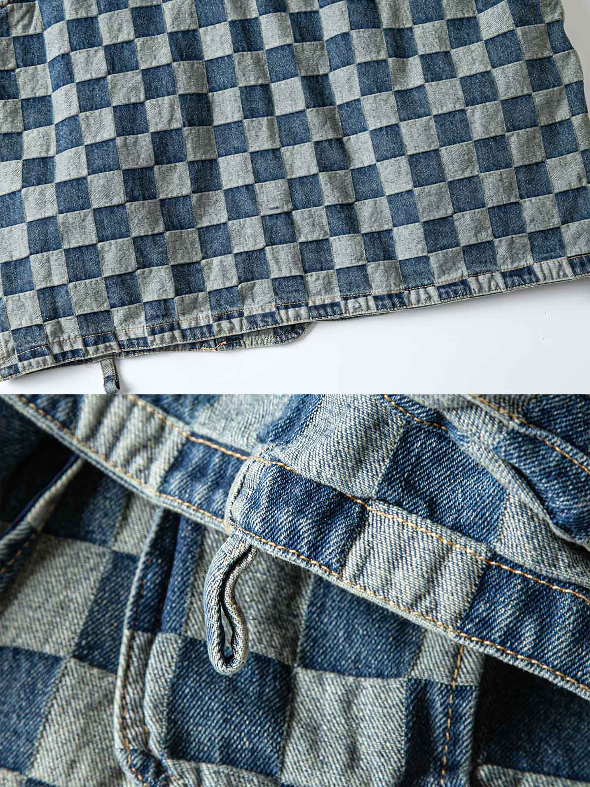製品画像: ヴィンテージ感のあるチェッカーボード柄デニムベスト
詳細画像: マルチポケットとチェッカーボード柄のディテール