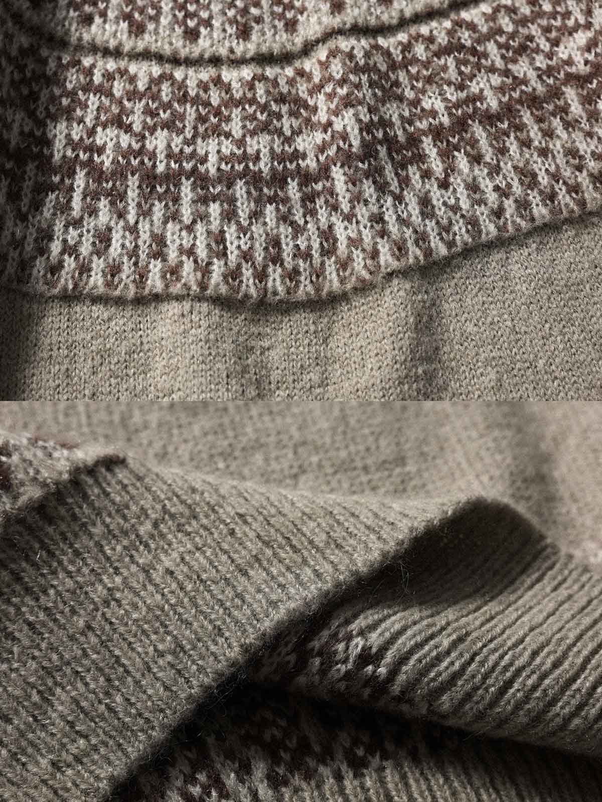 製品画像: クラシックなフィッシャーマンニットセーター、北欧風の幾何学模様とモヘア混紡素材を使用したデザイン。ゆったりとしたシルエットとリブ編みの袖口、裾が特徴で、暖かさと快適さを提供。冬のカジュアルスタイルに最適なアイテム。
詳細画像: フィッシャーマンニットセーターの北欧風幾何学模様とモヘア混紡素材の質感。クルーネックデザインとリブ編み仕上げのディテールが際立ち、保温性と耐久性を強化。柔らかく肌に優しい着心地。