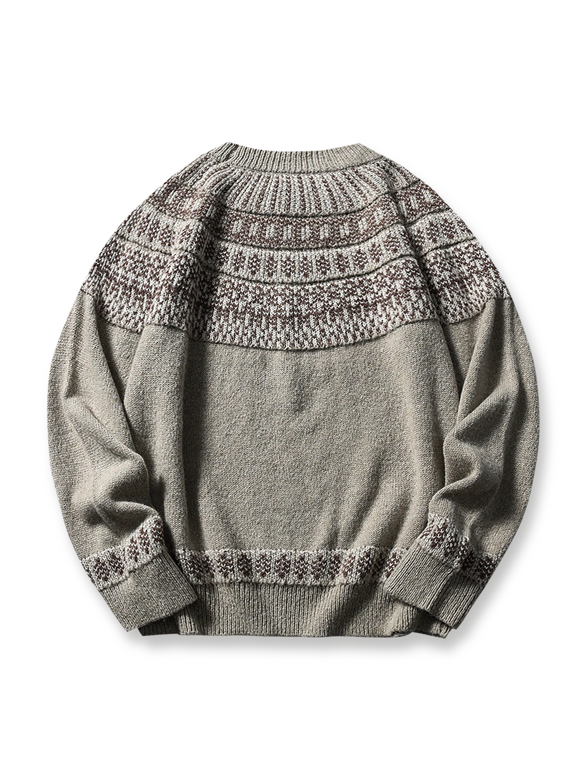製品画像: クラシックなフィッシャーマンニットセーター、北欧風の幾何学模様とモヘア混紡素材を使用したデザイン。ゆったりとしたシルエットとリブ編みの袖口、裾が特徴で、暖かさと快適さを提供。冬のカジュアルスタイルに最適なアイテム。
詳細画像: フィッシャーマンニットセーターの北欧風幾何学模様とモヘア混紡素材の質感。クルーネックデザインとリブ編み仕上げのディテールが際立ち、保温性と耐久性を強化。柔らかく肌に優しい着心地。