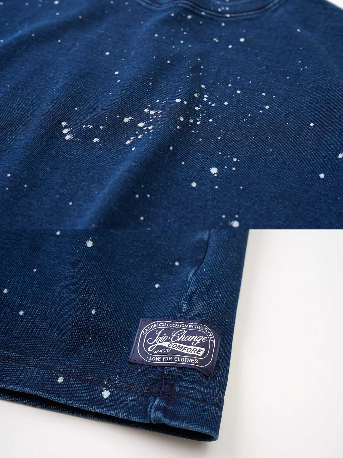 ディテールクローズアップ:スノーフレークプリントが特徴的なインディゴ染め半袖Tシャツの職人技が感じられるプリントと生地