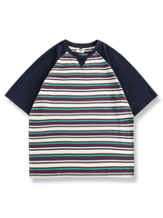 カラーブロックストライプコットン 半袖Tシャツ