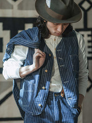 ストライプ柄 デニムワークベスト