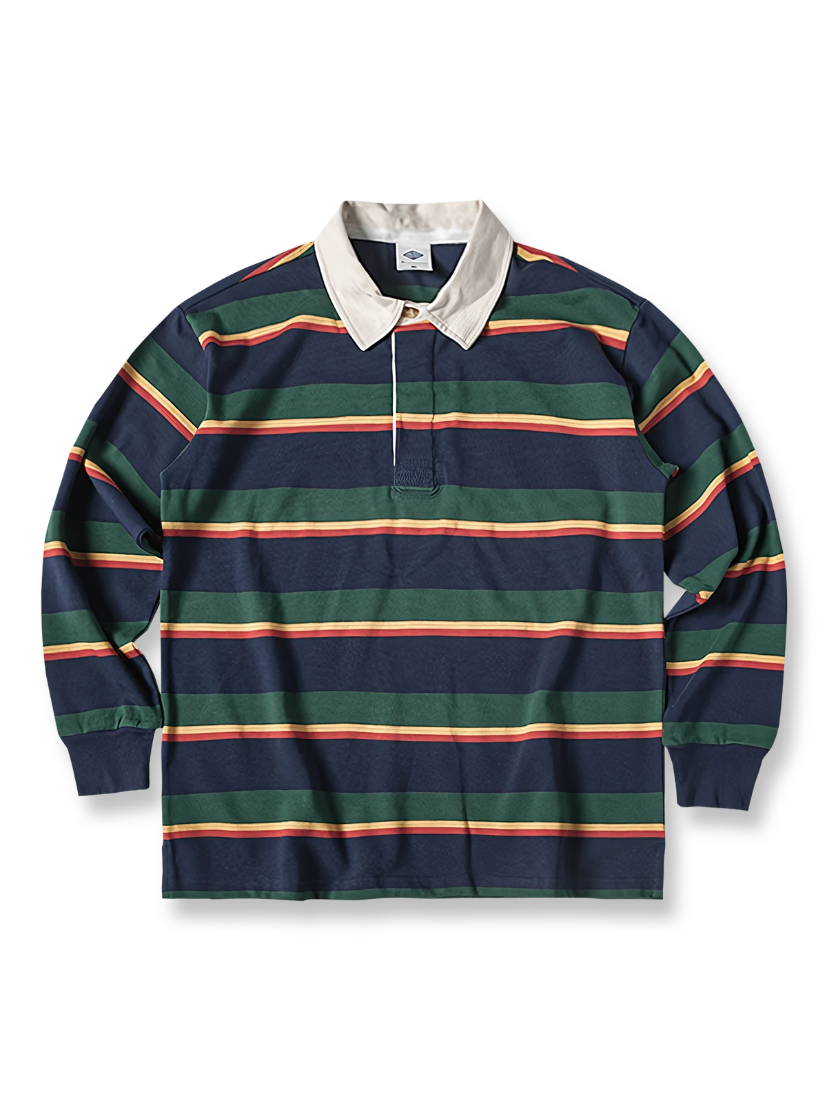 製品画像
グレーとバーガンディを基調としたブロックストライプデザインのラグビーシャツ。太いストライプと細いラインの組み合わせが80-90年代のアメカジカレッジスタイルを忠実に再現したクラシックな一着
詳細画像
ピュアコットン素材の襟元とグレーとバーガンディのブロックストライプ切り替え部分のディテール。丁寧な裁縫技術が際立つ仕上がりで、セロスパン技術によるヘビーウェイト生地の質感が魅力
