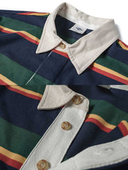 製品画像
グレーとバーガンディを基調としたブロックストライプデザインのラグビーシャツ。太いストライプと細いラインの組み合わせが80-90年代のアメカジカレッジスタイルを忠実に再現したクラシックな一着
詳細画像
ピュアコットン素材の襟元とグレーとバーガンディのブロックストライプ切り替え部分のディテール。丁寧な裁縫技術が際立つ仕上がりで、セロスパン技術によるヘビーウェイト生地の質感が魅力