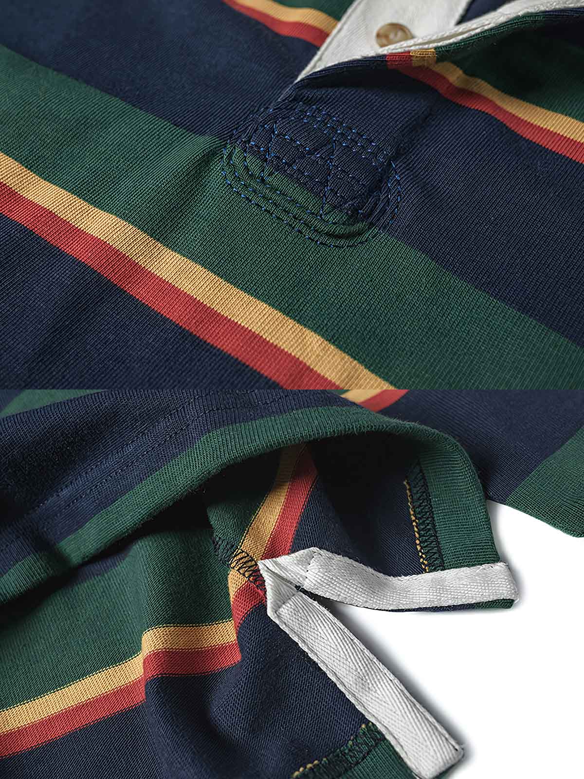 製品画像
グレーとバーガンディを基調としたブロックストライプデザインのラグビーシャツ。太いストライプと細いラインの組み合わせが80-90年代のアメカジカレッジスタイルを忠実に再現したクラシックな一着
詳細画像
ピュアコットン素材の襟元とグレーとバーガンディのブロックストライプ切り替え部分のディテール。丁寧な裁縫技術が際立つ仕上がりで、セロスパン技術によるヘビーウェイト生地の質感が魅力